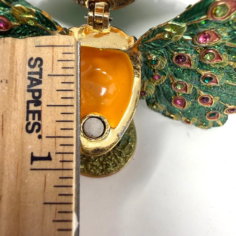 Peacock Trinket Box Enameled Rhinestone Bejeweled Jewelry Holder Green Gold VTG
